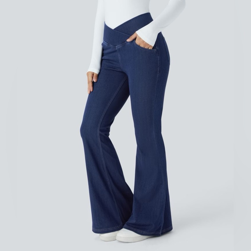 HALARA Flex Blue Denim Crossover Waist Flare Jeans Women's XL Petite XLP